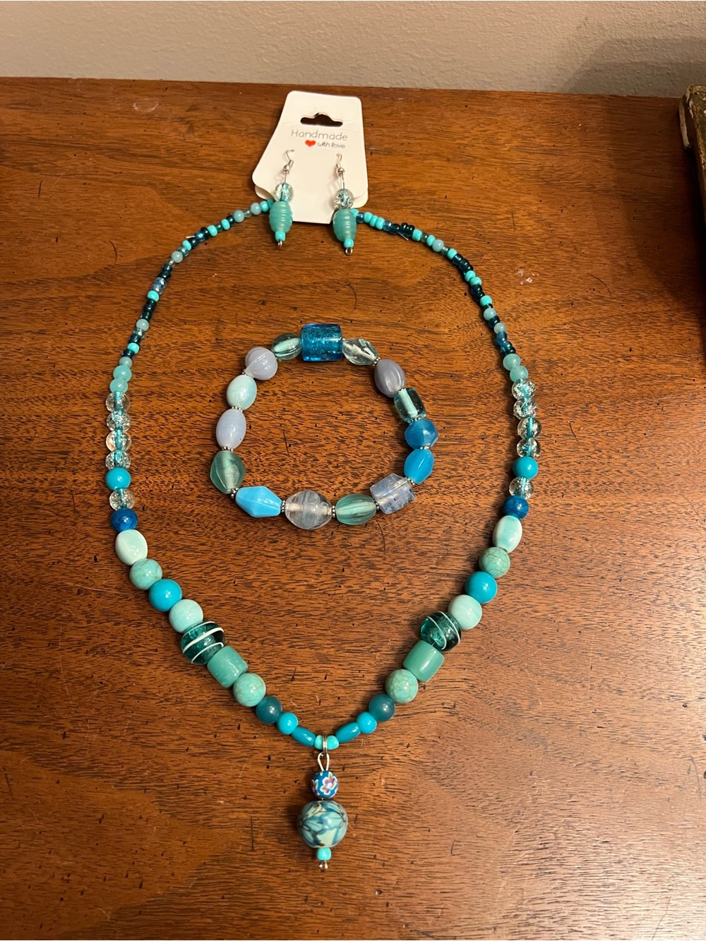 Handmade Turquoise & Green Glass Beaded Necklace Earrings & Bracelet 3 piece set